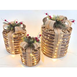 DKD Home Decor Decoración Navideña Ratán LED Natural 25x25x30 cm Set de 3 Piezas, Pack de 2 Unidades, Requiere 3 Pilas AA