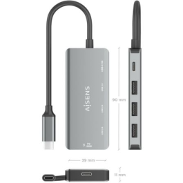 Aisens A109-0945 Hub USB Tipo-C, 1xUSB-C PD 100W, 1xUSB-C 3.0, 3xUSB-A 2.0, Alimentación por bus, Gris
