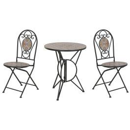 DKD Home Decor Mesa Terraza y Jardín Negra Multicolor Mosaico Hierro Piedra 60 x 71 x 60 cm Set 3 Piezas