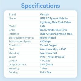 Cable USB 2.0 Lightning Vention LANSH/ USB Macho - Lightning Macho/ 480Mbps/ 2m/ Azul Cable USB 2.0 Lightning Vention LANSH/ USB Macho - Lightning Macho/ 480Mbps/ 2m/ Azul