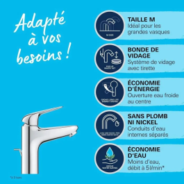 Grohe 24328001 Mezclador Monomando de Lavabo Cromo Talla M con Apertura Agua Fría y Ahorro de Agua