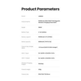UGREEN 25208 Batería Externa 10000 mAh Cargador Inalámbrico Beige para iPhone 12-15 Series, Carga Rápida PD 20W