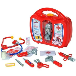 Klein Estuche Médico para Niño con Teléfono Móvil y Accesorios, Incluye Tijeras, Martillo, Pinzas, Jeringas, Estetoscopio, Monitor de Presión y Termómetro, Edad 3+