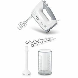Bosch MFQ36440 Batidora de Mano 450W, 5 velocidades, 2 batidores y 2 ganchos amasadores acero inoxidable, bol graduado con tapa, Blanco/Gris