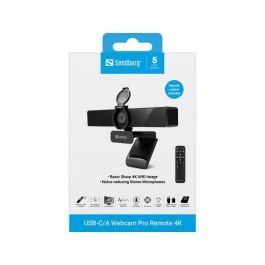 Sandberg Webcam USB-C/A Pro Remote 4K para Videoconferencias con Audio y Video Nítido, Corrección de Luz y Tapa de Privacidad