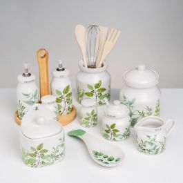 Set de Aceitera y Vinagrera GREENS Blanco Verde Madera Gres 210 ml 21 x 8,5 x 18 cm 4 Piezas