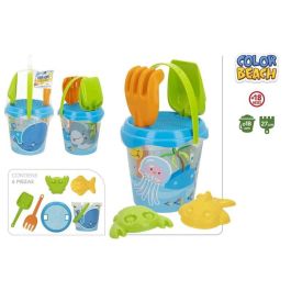 Color Baby Cubo Playa Animal Summer 18cm con Pala, Rastrillo y 2 Moldes en Red de Plástico