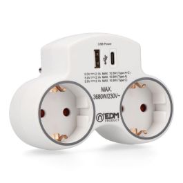 Edm Adaptador 2 Tomas Schuko y 2 USB (A+C) 5V 2.1A, Máximo 3680W / 230V, Blanco Edm Adaptador 2 Tomas Schuko y 2 USB (A+C) 5V 2.1A, Máximo 3680W / 230V, Blanco