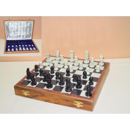 DKD Home Decor Juego de Ajedrez Estilo Colonial Madera Sheesham y Piedra Marrón Blanco Set de 2 piezas 30.5 x 30 x 4.5 cm