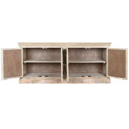 DKD Home Decor Buffet Toscana 45 x 90 x 200 cm Blanco Natural Madera Maciza Mango Espejo Hecho a Mano 4 Puertas 2 Estanterias