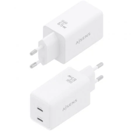 Aisens ASCH-65W2P078-W Cargador de Pared GaN 65W Blanco con 2xUSB Tipo-C PD3.0 QC4.0 para Portátiles y Móviles