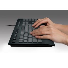Logitech K280e Teclado USB, Resistente a salpicaduras, Reposamuñecas, Teclas silenciosas, Tamaño completo, Distribución US, Negro