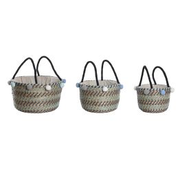 DKD Home Decor Cesta Mediterráneo Set de 3 Piezas, 43x43x43 cm, Multicolor, 100% Seagrass, Hecha a Mano con Pompones