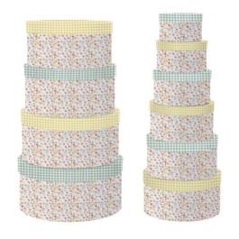DKD Home Decor Caja Shabby Colección Vichy sweet, de Cartón Verde Amarillo Multicolor, 37.5x37.5x18 cm, Set de 10 con Flores