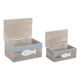 DKD Home Decor Caja Mediterraneo Azul Blanco Mdf Set de 2 13.5 x 10.5 x 18 cm
