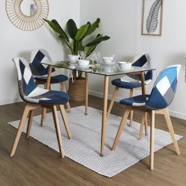 Home Deco Factory Silla Patchwork Azul-Gris Diseño Escandinavo Beech Tulipa, Patas de Madera y Asiento de Tela, 55.5x41 cm h.85 cm