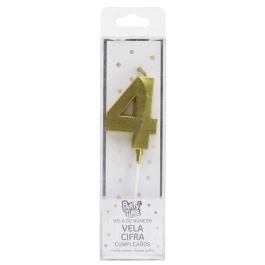 Party Time Vela de Aniversario Cifra 4 Oro - Elegante Vela para Celebraciones de 13 cm