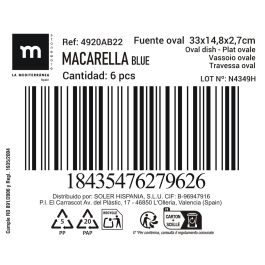 Fuente Oval Macarella Blue 33x14.8x2.7 cm - Inde (12 Unidades) Fuente Oval Macarella Blue 33x14.8x2.7 cm - Inde (12 Unidades)