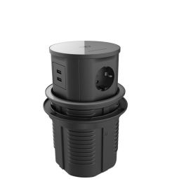 HERRAJES ALK Torre Telescópica 3Tt+2Usb-A+1Usb-C+Carga Inalambrica con 3 Enchufes Schuko, USB y USB-C, Carga Inalámbrica PUSH Gris