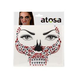 Joyas Faciales Adhesivas Calavera en Rojo y Plata para Disfraces de Demonio, Vampiro, Catrina o Halloween