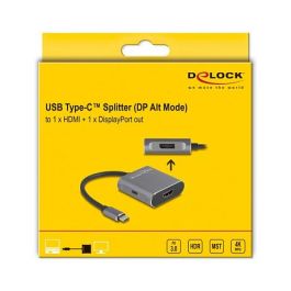 DeLOCK Adaptador USB-C a HDMI + DisplayPort MST, Splitter con USB-C PD 100W, Aluminio, 4K Ultra HD a 60 Hz, 3840x2160, 1x HDMI + 2x DP, 0.15m, Gris