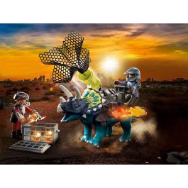 Playmobil Triceratops Acorazado Dino Rise con Cañón de Red, Figura de Acción para Niños