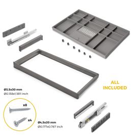 Emuca Kit de cajón organizador y bastidor regulable Quartz para armarios, guías de cierre suave y extracción total, Módulo 90cm, Acabado Titanio