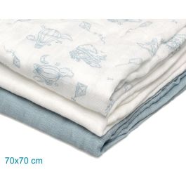 KioKids Set de 3 Muselinas 70x70 cm, Viscosa de Bambú y Algodón, Azul, Blanco y Estampado de Aviones, para Bebé +0 Meses