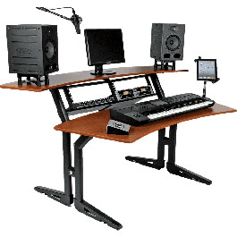 Quiklok TQAZ612CY Mueble Estudio Workstation de Acero con Dos Niveles y Soporte Rack 4x2U - Cerezo