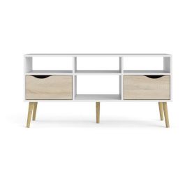 TVILUM 7539149AK Mueble para Televisión con 4 Nichos y 2 Cajones, Acabado Blanco y Roble, 117,2x39,1x57,4 cm