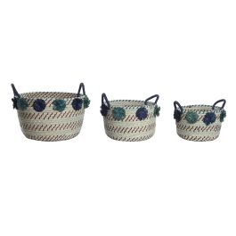 DKD Home Decor Cesta Mediterraneo Hecha a Mano Seagrass y PP con Pompones Multicolor 44 x 34 x 46 cm Set de 3