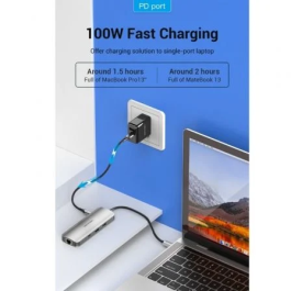 Vention TOMHB Hub USB Tipo-C con HDMI 4K, 2xUSB, 1xUSB-C PD, RJ45, Lector SD/MicroSD, Jack 3.5mm Gris