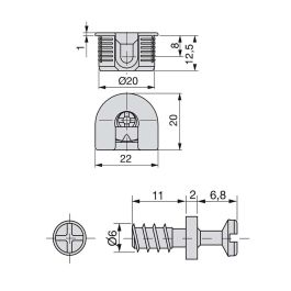Emuca Lote de 20 enganches y pernos para la fijación estantes, Enganches diámetro 20mm, 12.5mm, Pernos diámetro 6mm, 11mm, Zamak y Acero, Niquelado