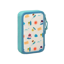 Plumier Doble Baby Shark Surfing Azul Blanco 12.5 x 19.5 x 4 cm (28 piezas)
