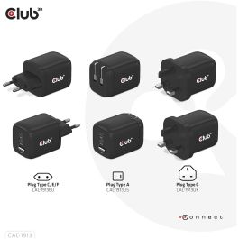 Club3D Cargador de viaje PPS GaN 65W, 2x USB-C + 1x USB-A, Carga Rápida PD 3.0 para Móviles y Portátiles, Negro