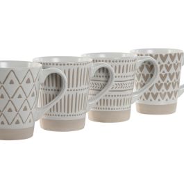 Mug Boho DKD Home Decor Blanco Beige 7 x 10.6 x 9 cm Set de 4