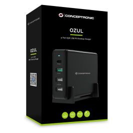 Conceptronic OZUL01B Cargador USB-C 65W Carga Rápida PD 3.0 y QC 3.0 para Nintendo Switch, iPad, iPhone, Samsung Galaxy, con Protección - Negro