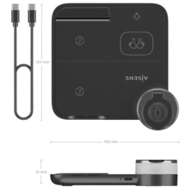 Aisens ASCH-15W4WC062-BK – Cargador inalámbrico USB-C 4 en 1 de 15W para móvil, Apple Watch y auriculares – Negro