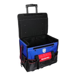 Workpro Bolsa Rígida Herramientas con Ruedas 46x27x40cm, Poliéster, Bolsillos, Negro/Azul/Rojo