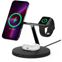 Belkin WIZ017vfBK Cargador Inalámbrico MagSafe 3-en-1 para iPhone 12/13, Auriculares, Smartwatch, Carga Rápida 15W, Negro