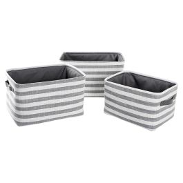 DKD Home Decor Cesta Basicos Algodon Gris Blanco Rayas Set 3 Piezas 32 x 25 x 42 cm