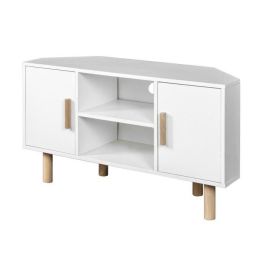 Gabinete de TV de la esquina de Lila - 2 puertas - Decoración de melamina blanca - Pies de madera sólida - L90 x D35 x H55 cm