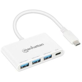 MANHATTAN 168434 Hub USB 3.0 Tipo-C con PD (100W), 3 Puertos USB-A, 5 Gbps, Color Blanco para Windows/Mac/Linux