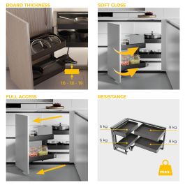 Emuca Rinconero extraíble Harmony para muebles de cocina, Izquierda, Acero y Madera, Gris antracita