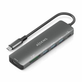AISENS ASUC-7P025-GR Base para Portátil y Replicador de Puertos USB-C 7 en 1: 1xHDMI 4K, 3xUSB-A, 1xUSB-C PD 100W, Lector SD/MicroSD, Gris