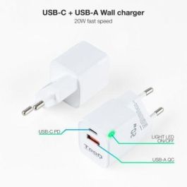 TOOQ CARGADOR DE PARED USB-C/PD + USB-A/QC 20W
