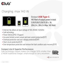 Club3D Cargador de Viaje 1xUSB Tipo C PD 140W con Tecnología GaN para Interiores, 28V, Cable 1m Negro