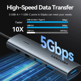 Vention TGXHB Hub USB 3.0 5-en-1 Gris con 1x USB Tipo-C PD, 3x USB y 1x USB Tipo-C, 5 Gbps