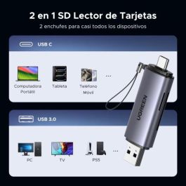 Ugreen 50706 Lector de tarjetas USB 3.0 y USB-C 2 en 1 para SD/Micro SD de hasta 5Gbps Color Plata