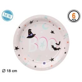 Plato Desechable Halloween Rosa Estilo Festivo con Sombrero de Bruja, Murciélagos y 'Boo' para Aperitivos/Postres Precio: 0.69000008. SKU: B1C5BWAPPT
